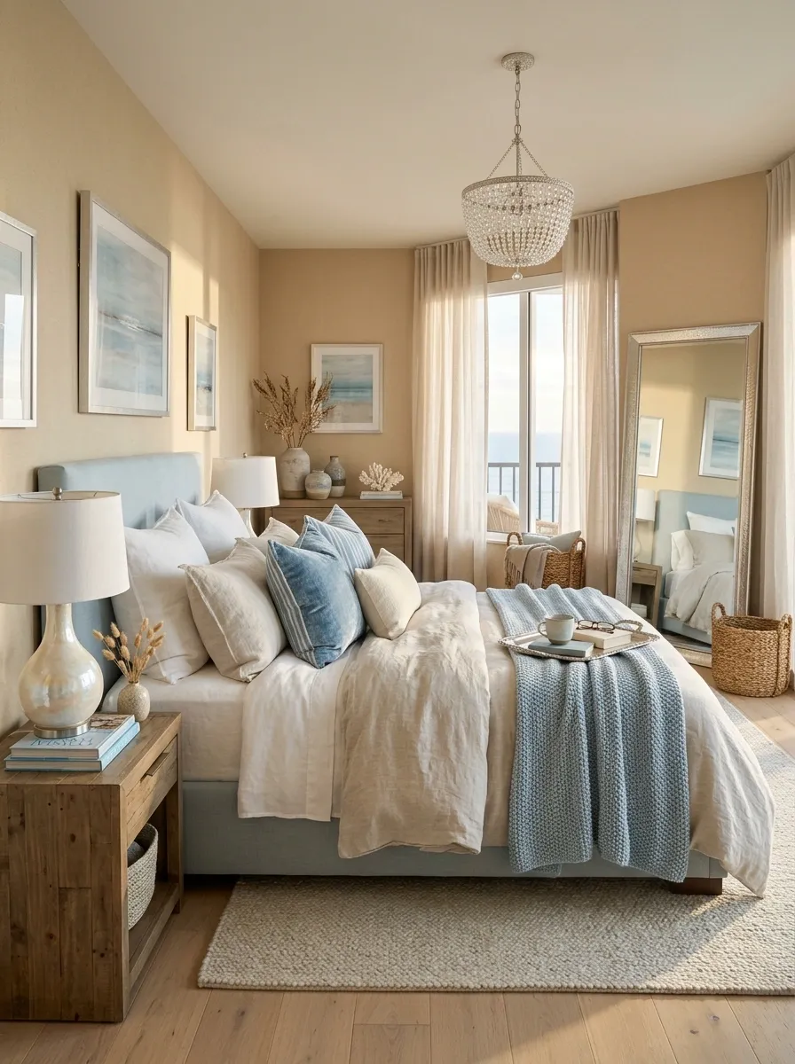 Coastal Glam Bedroom With Pearl, Sand, and Soft Silver