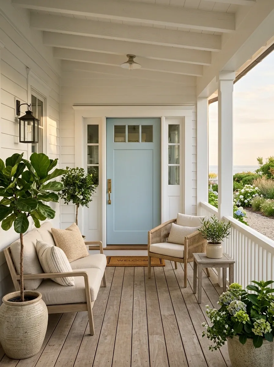 Coastal Porch With Pale Blue Door and Rope-Woven Seating