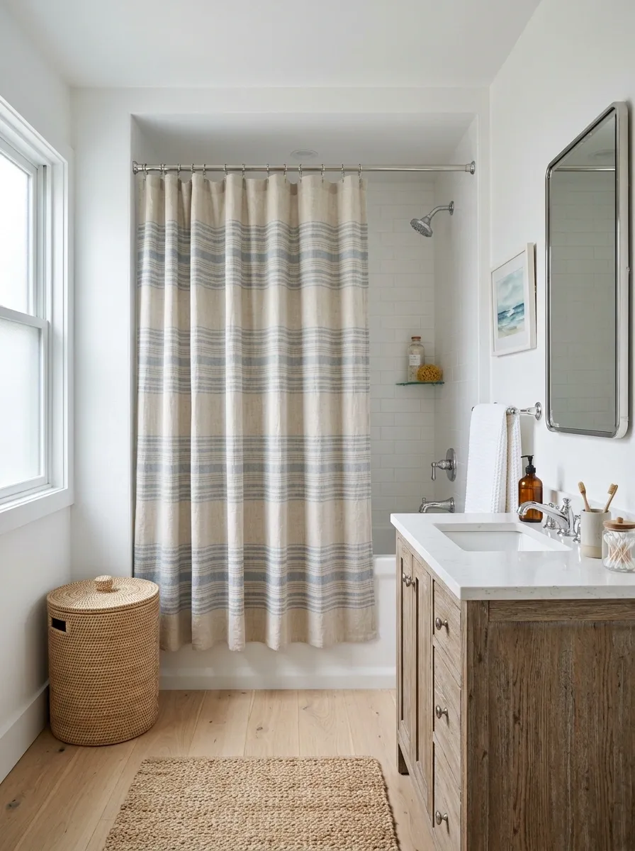 Coastal Small Bathroom With Faded Blue Stripe Curtain