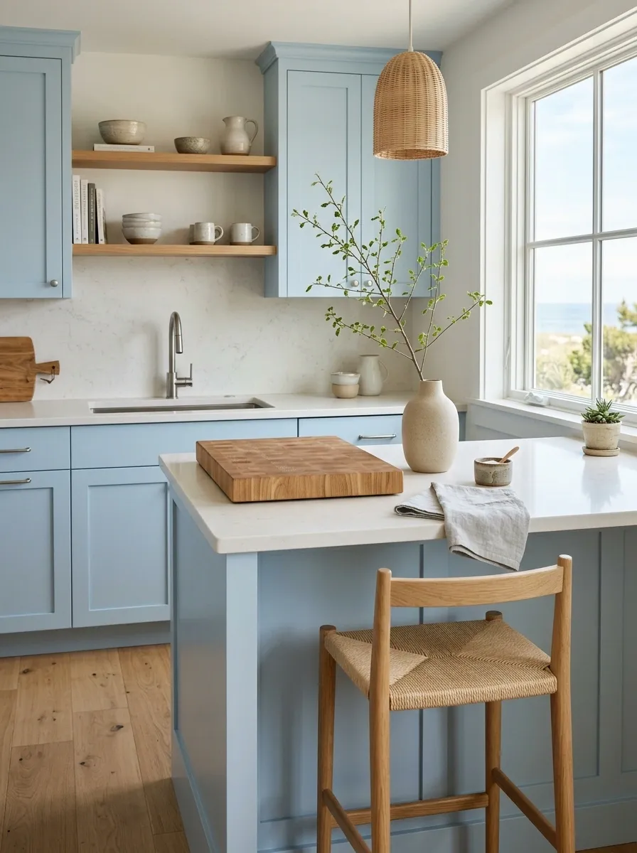 Coastal Small Kitchen With Pale Blue Cabinets and a Bright Stone Surface