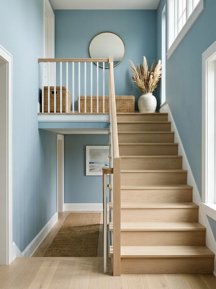 Coastal Staircase With Light Wood and Soft Blue Walls