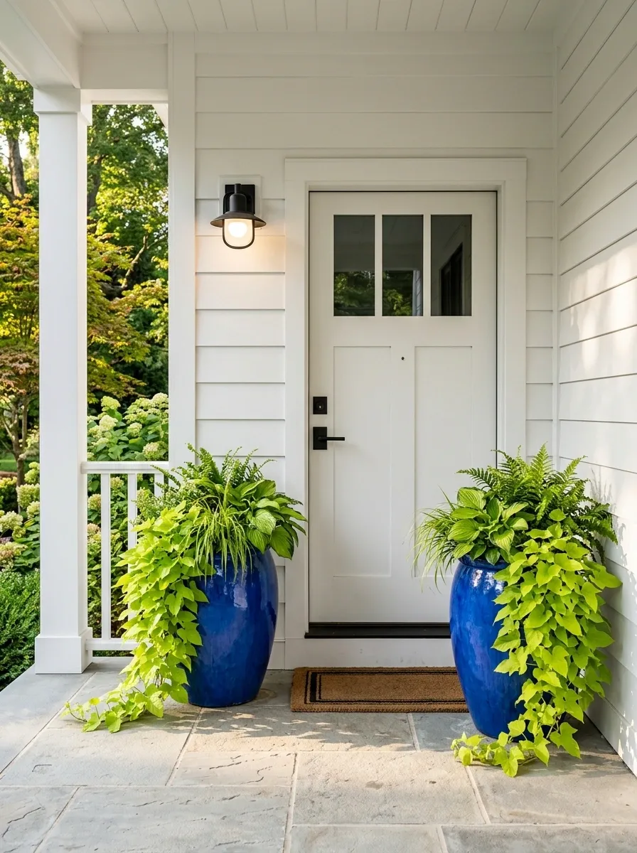 Cobalt Blue Pots With Lime Green Foliage