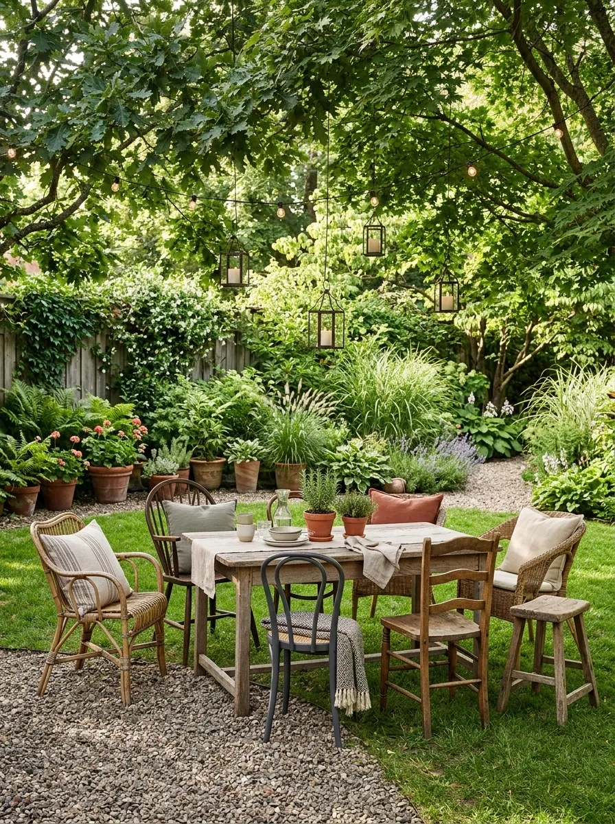 Collected Backyard With Mixed Seating and Garden Layers
