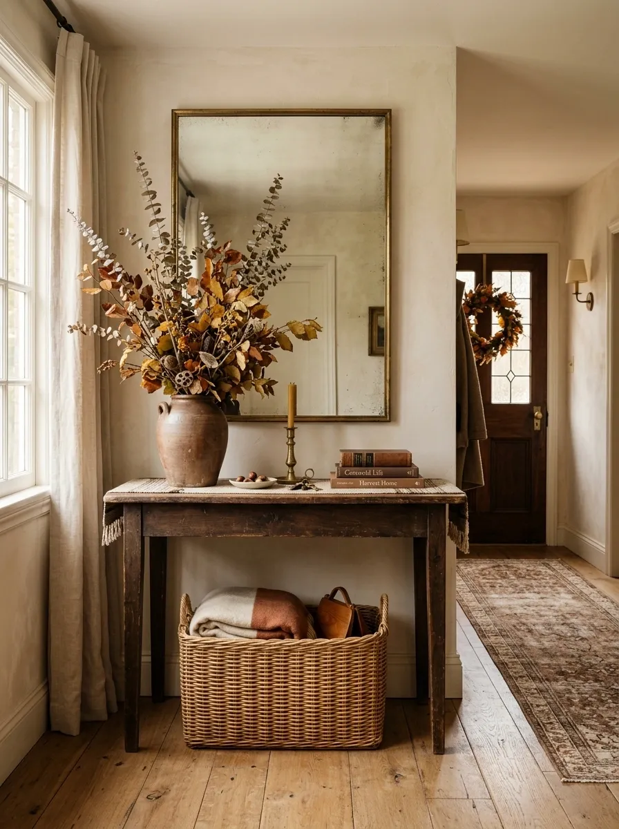 Collected Entryway With Antique Furniture and Dried Foliage