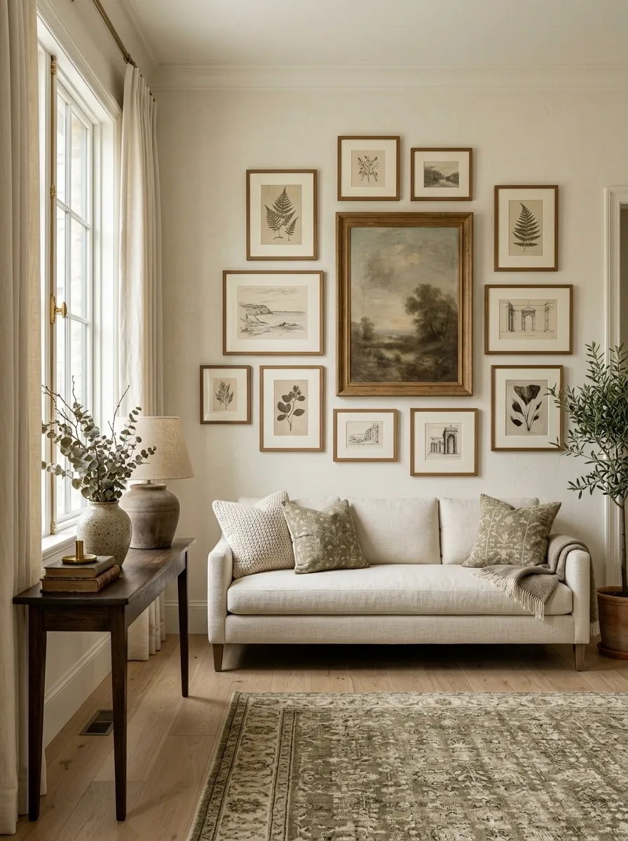 Collected European Gallery Wall Over a Linen Sofa