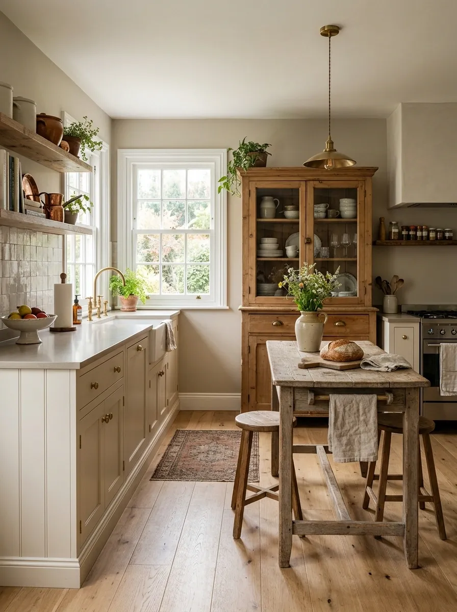Collected Kitchen Mixing Vintage Furniture With Modern Storage