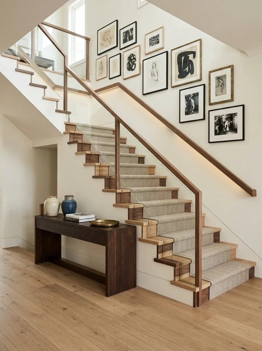 Collected Stair Hall With Gallery Wall and Layered Wood Tones