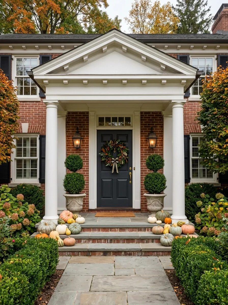 Colonial-Inspired Entry With Balanced Topiary and Pumpkins
