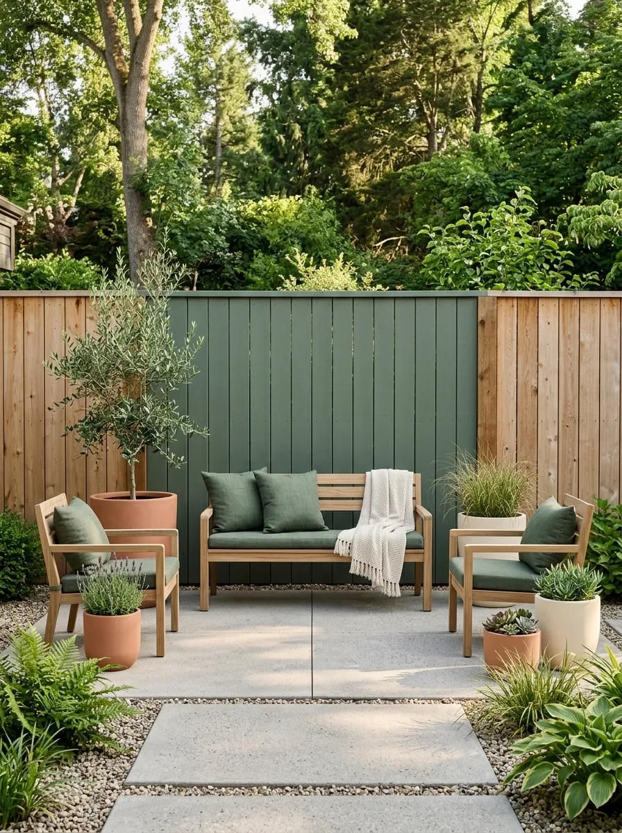 Color-Blocked Fence With Coordinated Garden Furniture