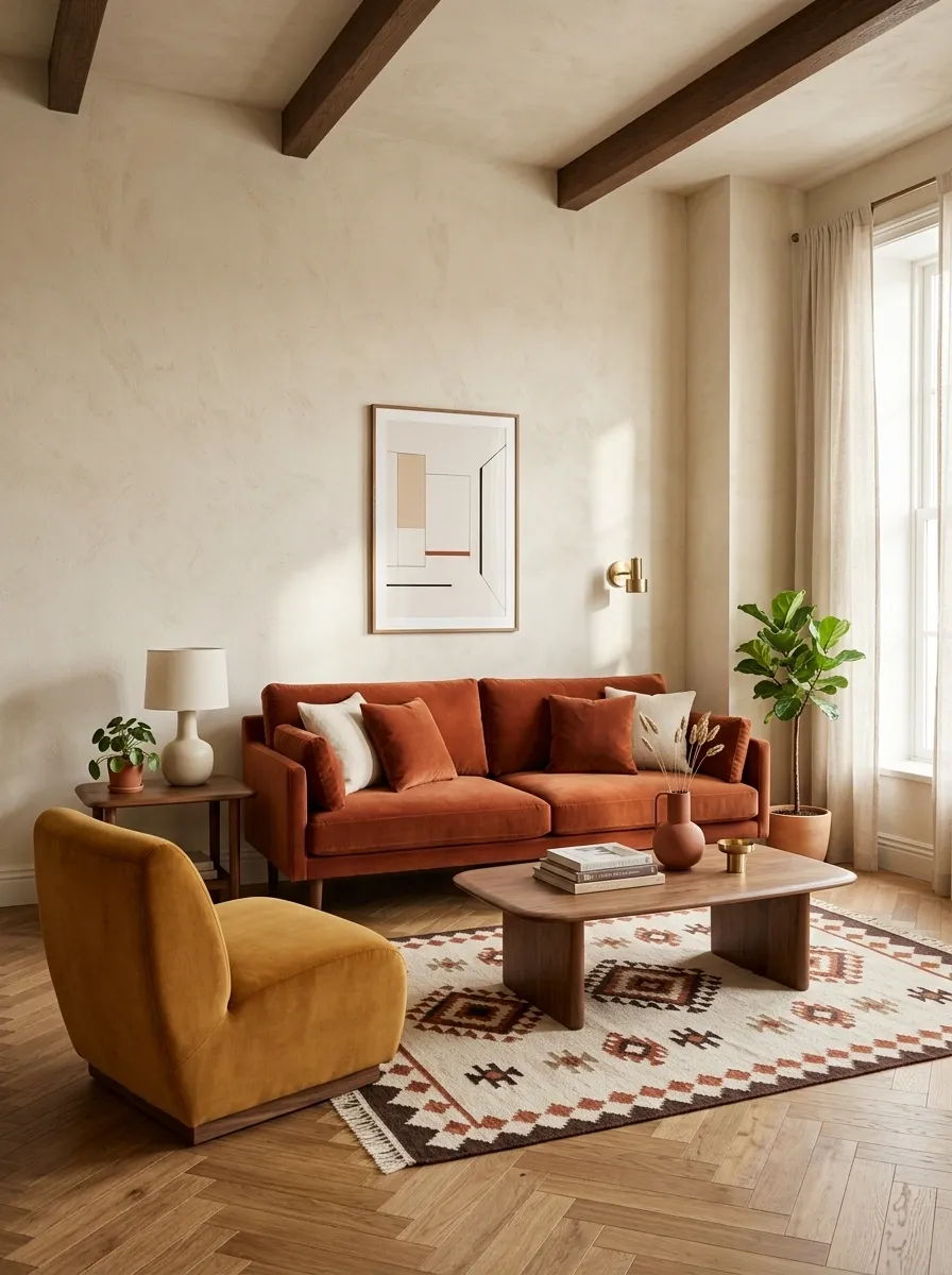 Color-Blocked Small Living Room With Rust, Ochre, and Cream