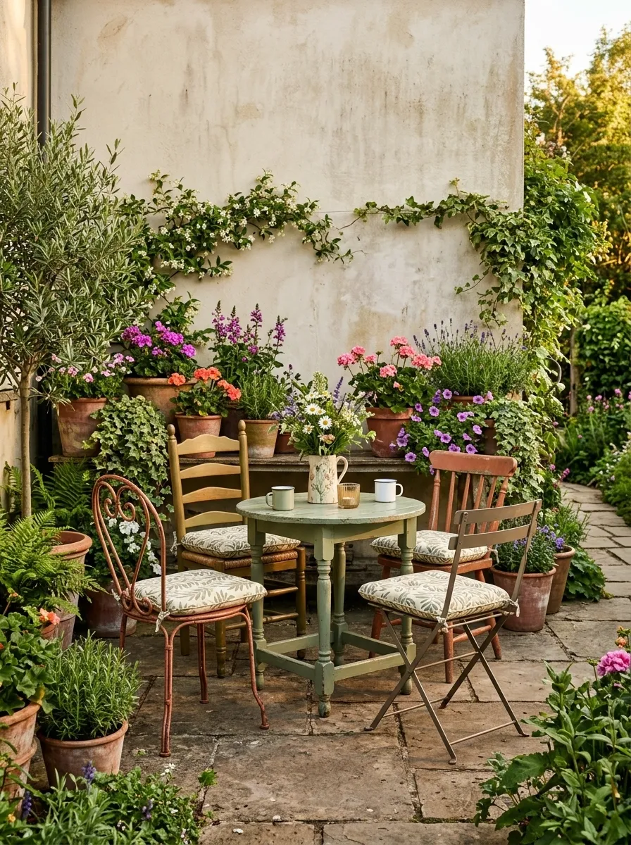 Colorful Patio With Thrifted-Style Outdoor Seating