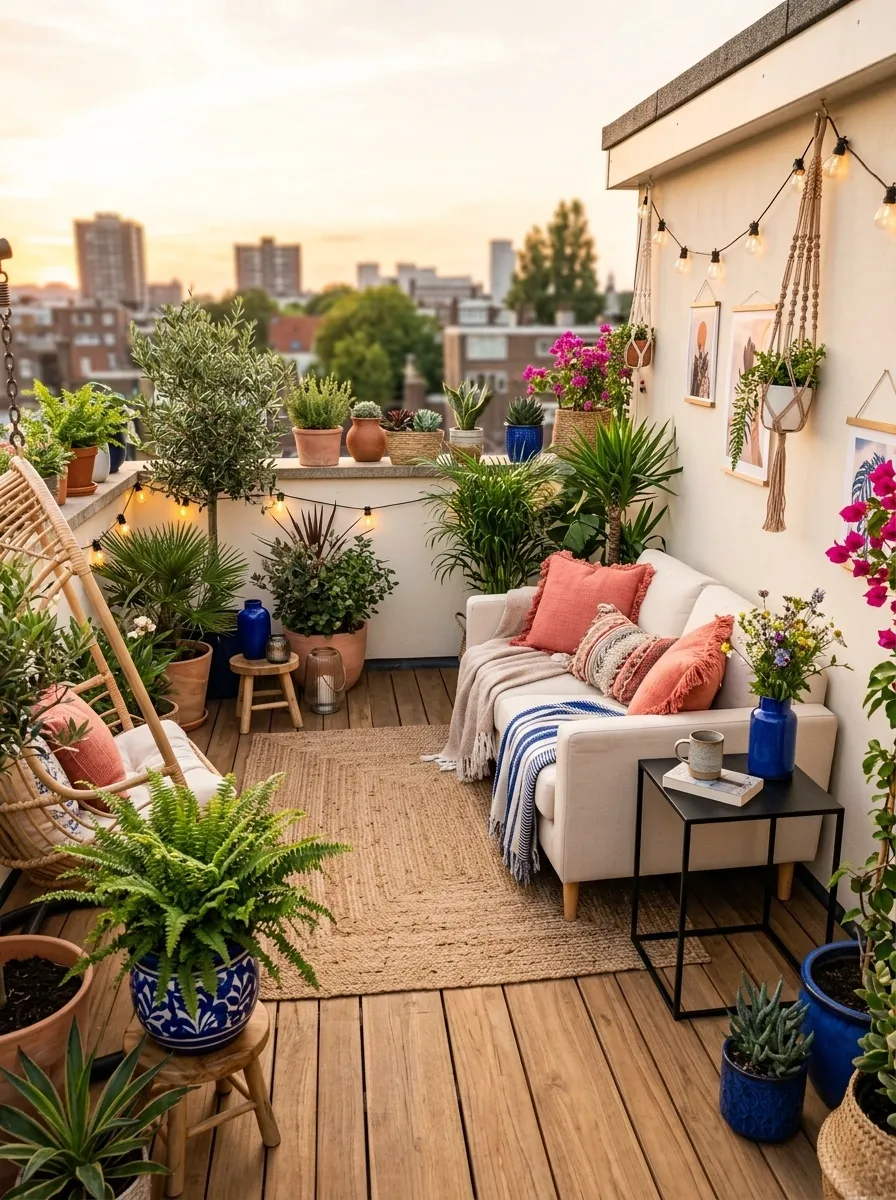 Colorful Rooftop Garden With Coral, Cobalt, and Green