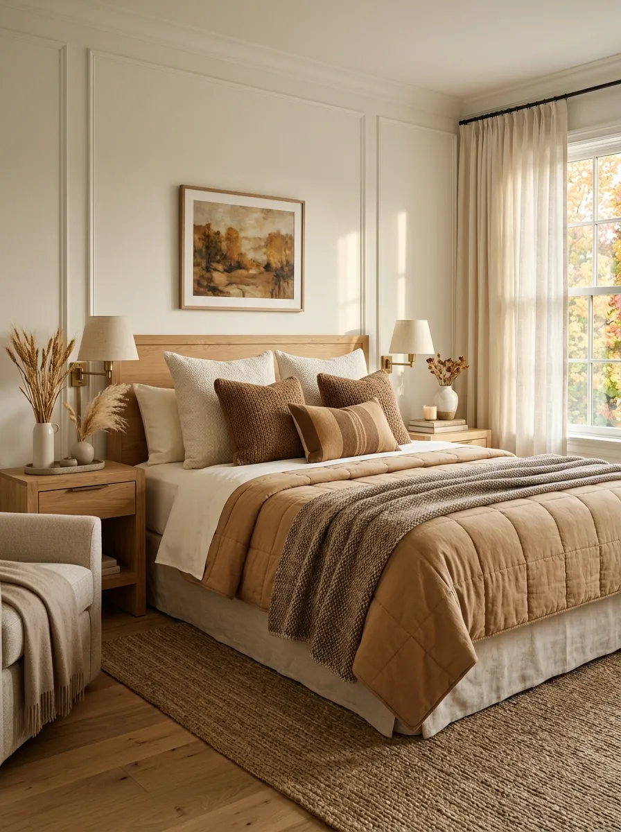 Combine Camel, Cream, and Warm Brown for a Classic Fall Bed