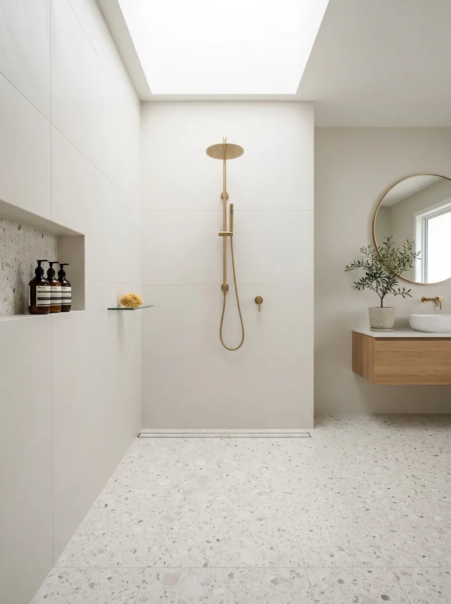 Combine terrazzo-style flooring with a simple shower wall