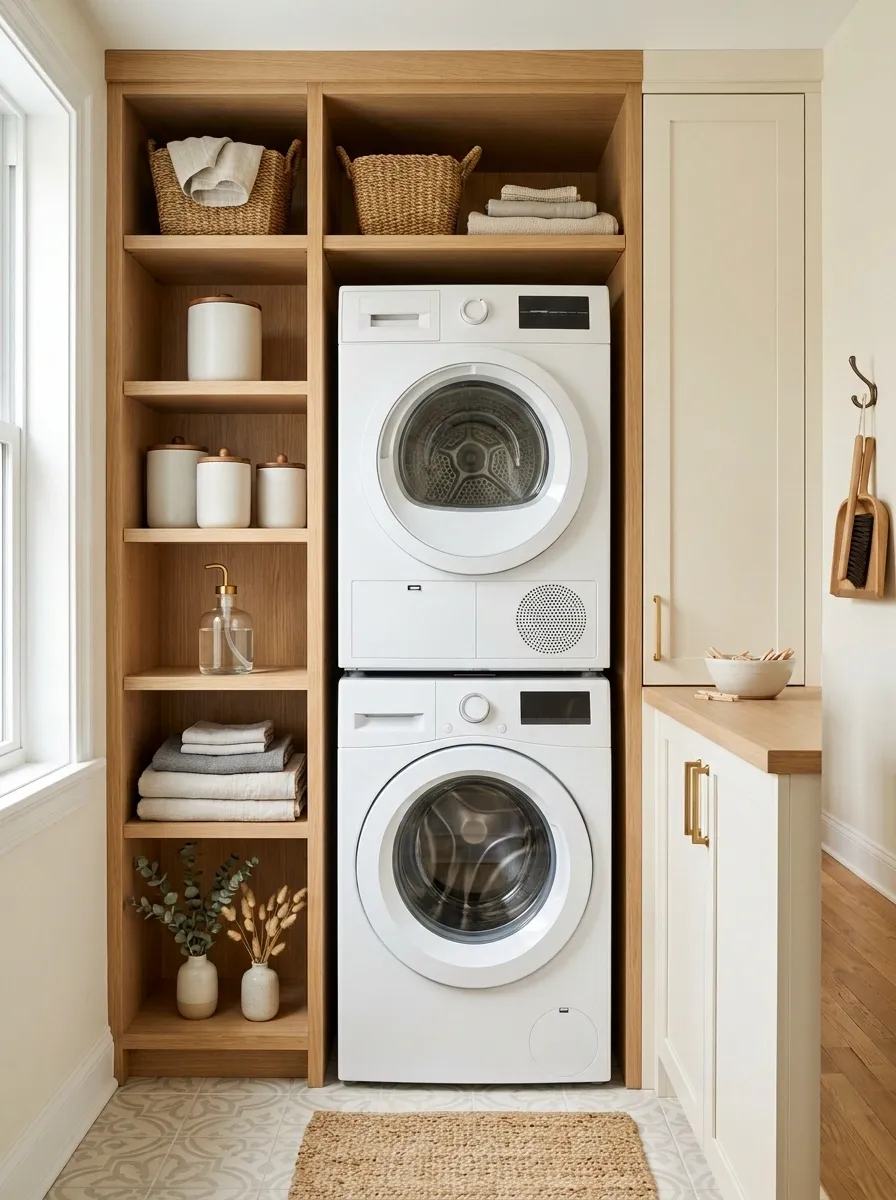 Compact Apartment Laundry Nook With Layered Shelving