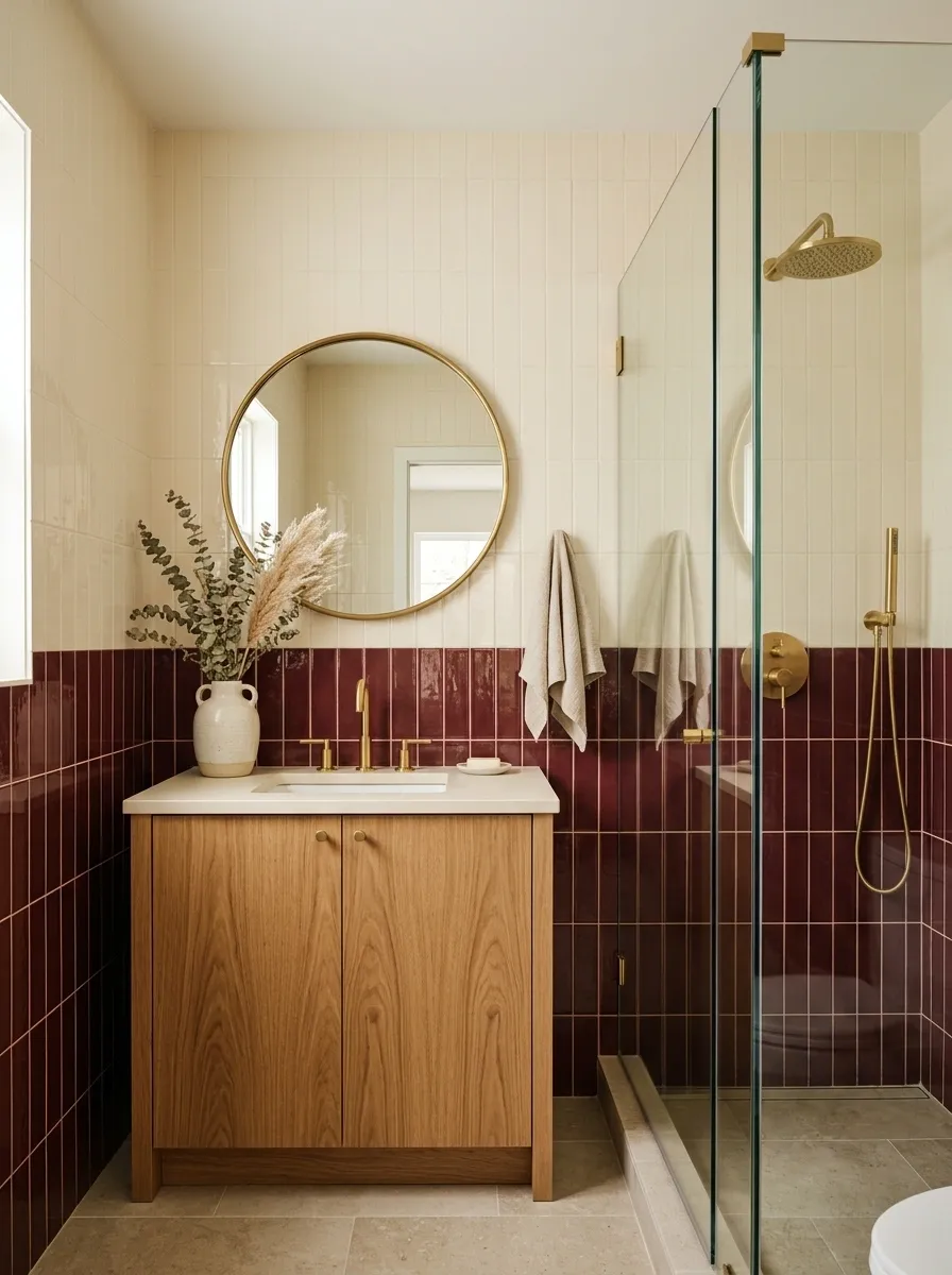 Compact Burgundy Bathroom With Two-Tone Tile