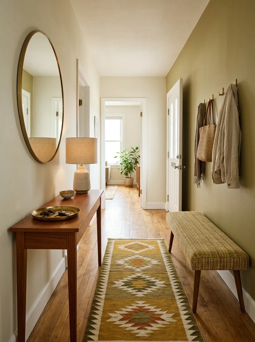 Compact Entryway With a Teak Console and Statement Mirror