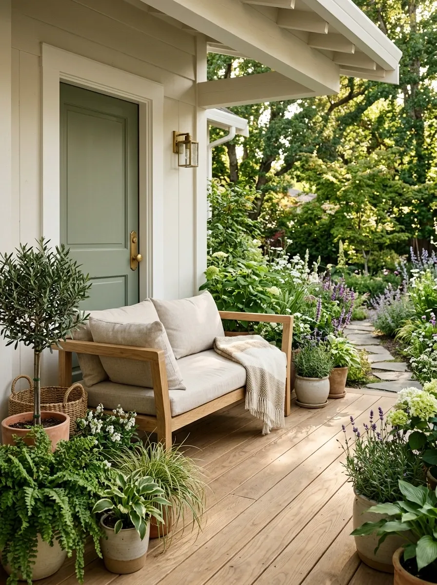 Compact Porch With Bench Facing the Garden