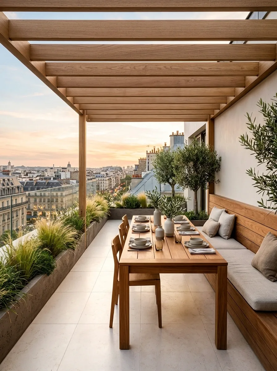 Compact Rooftop Dining Room With a Slim Timber Pergola