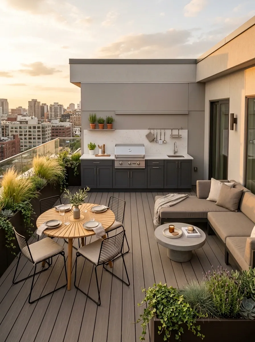 Compact Rooftop Kitchen and Dining Setup