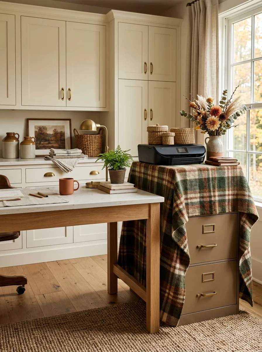 Conceal your ugly filing cabinet with a heavy plaid textile