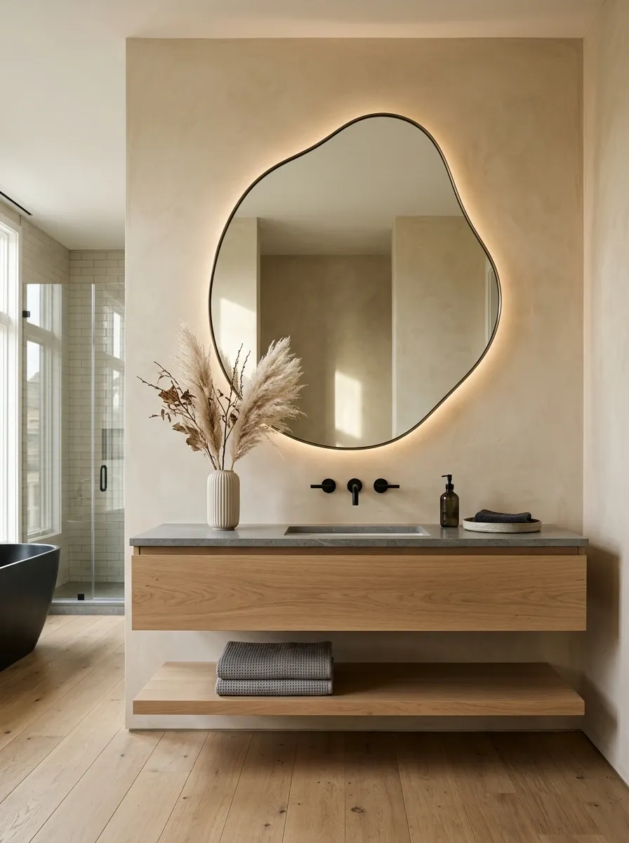 Contemporary Bathroom With Oversized Graphic Mirror