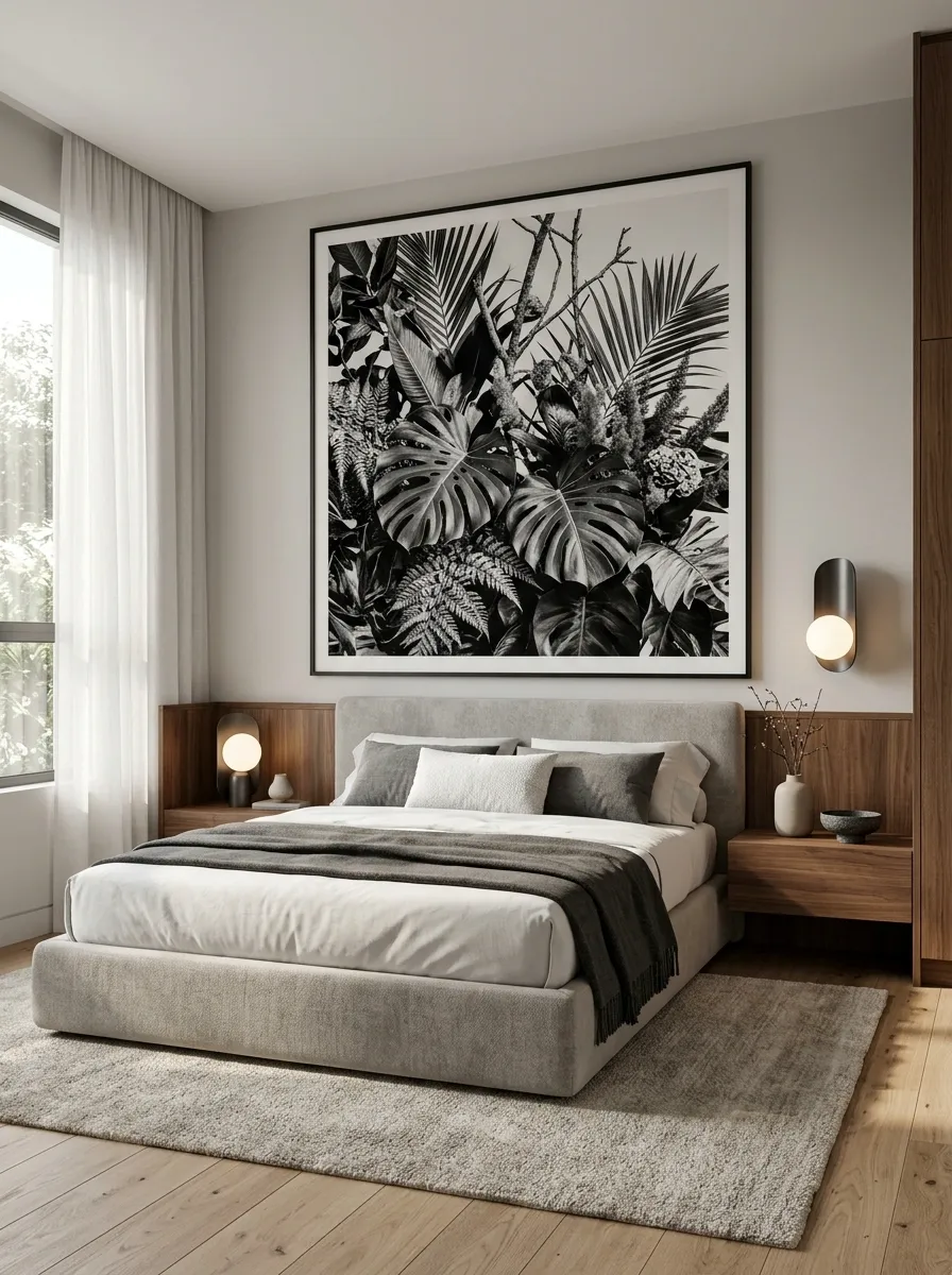 Contemporary Bedroom With a Monumental Black-and-White Nature Poster