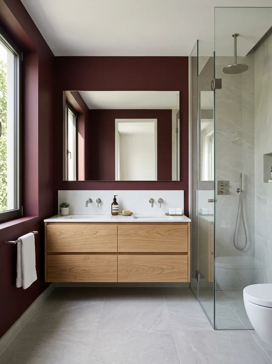 Contemporary Burgundy Bathroom With Pale Oak and White Quartz