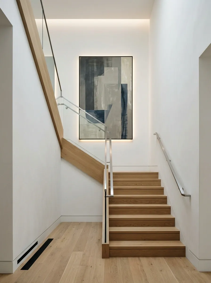 Contemporary Staircase With Backlit Vertical Artwork