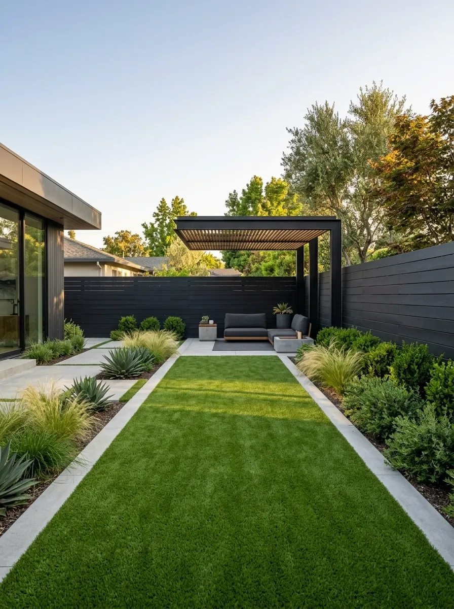 Contemporary Turf Run With Sculptural Landscaping