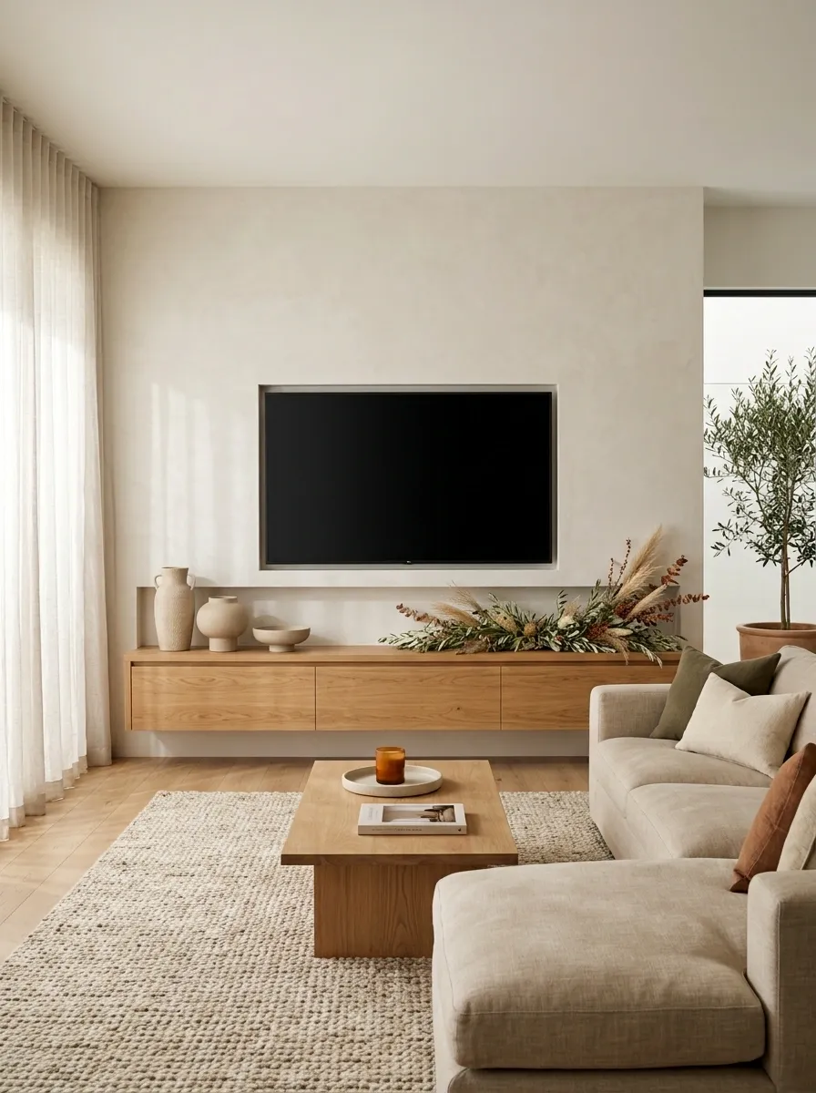 Contemporary TV Wall With Understated Fall Foliage