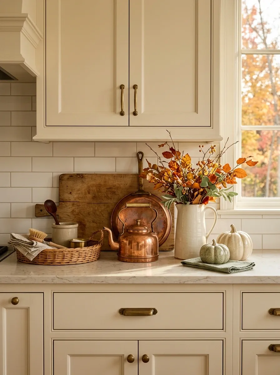 Copper, Cream, and Sage Autumn Vignette