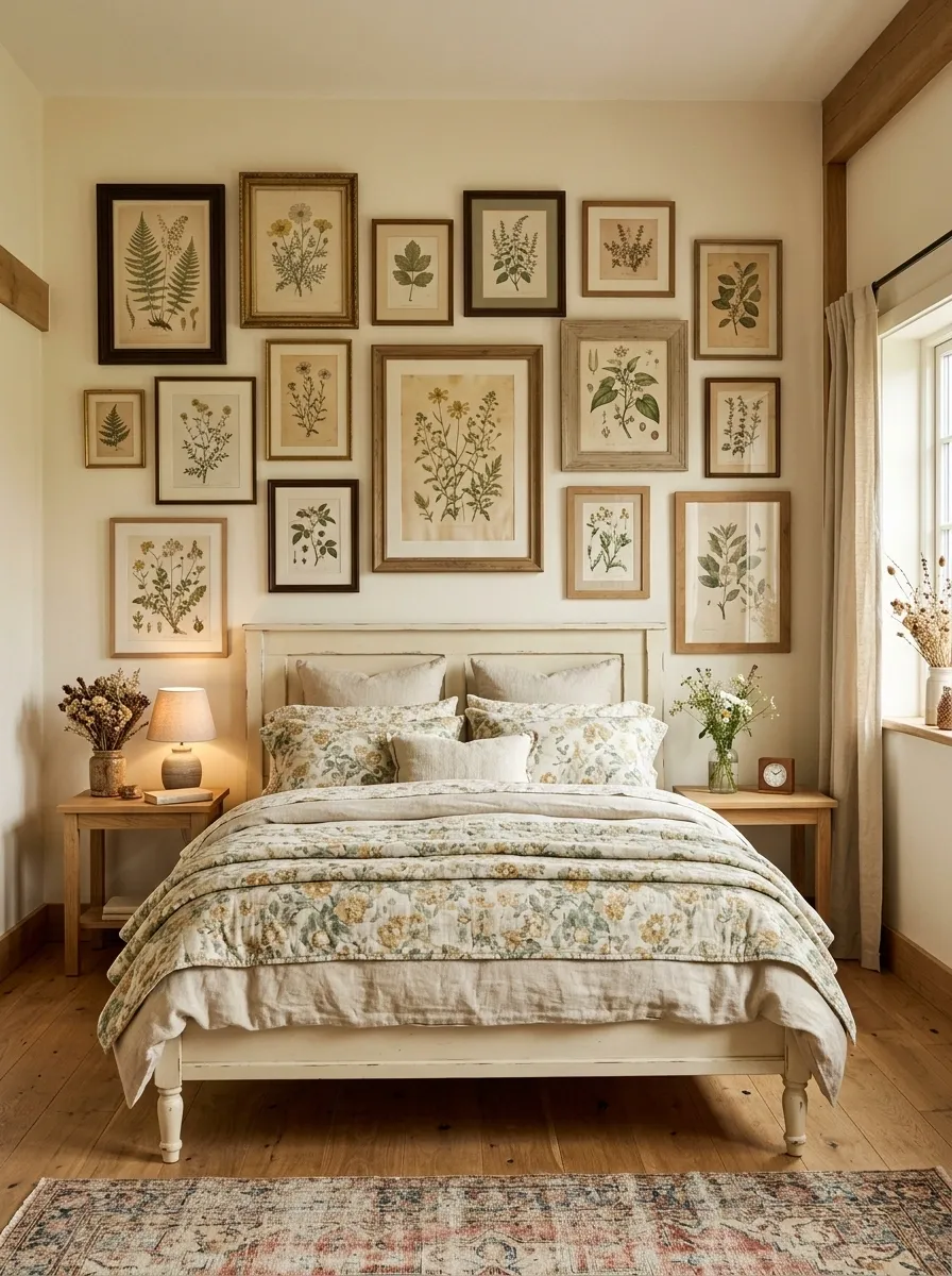 Cottage Bedroom With Layered Botanical Poster Collections