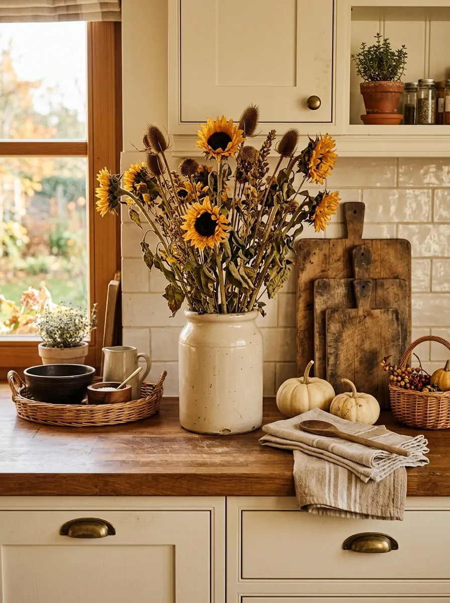 Cottage Kitchen With Dried Sunflowers