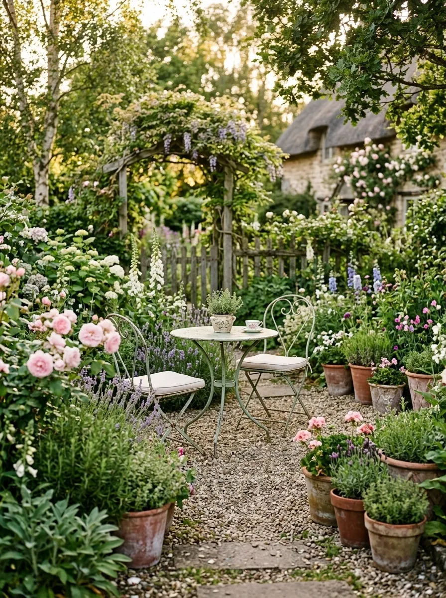 Cottage-Style Backyard With Vintage Garden Furniture