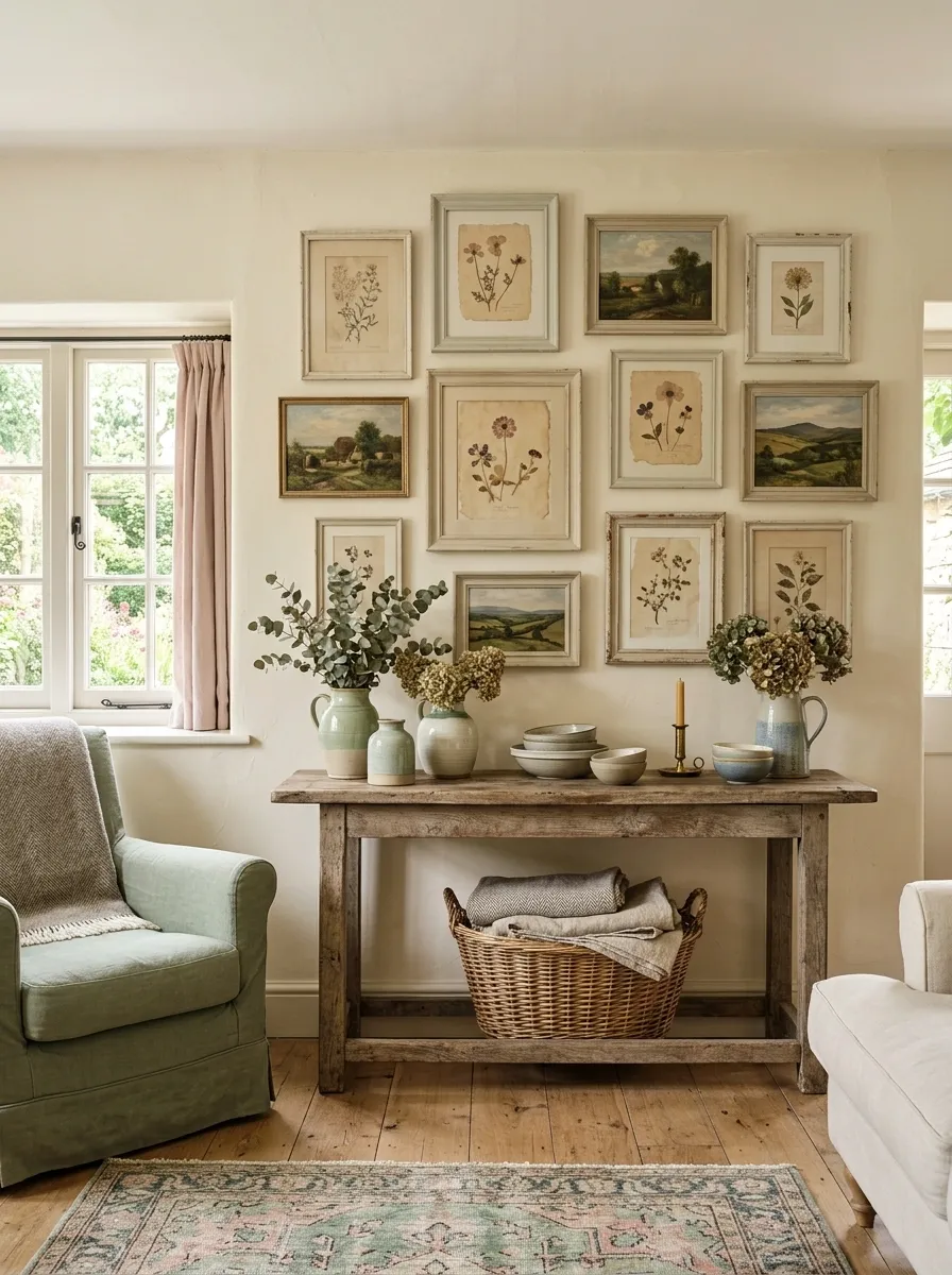 Cottage-Style Gallery Wall With Botanical Prints