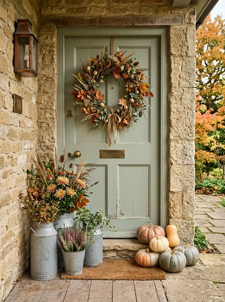 Country Cottage Door With Wildflower Fall Wreath