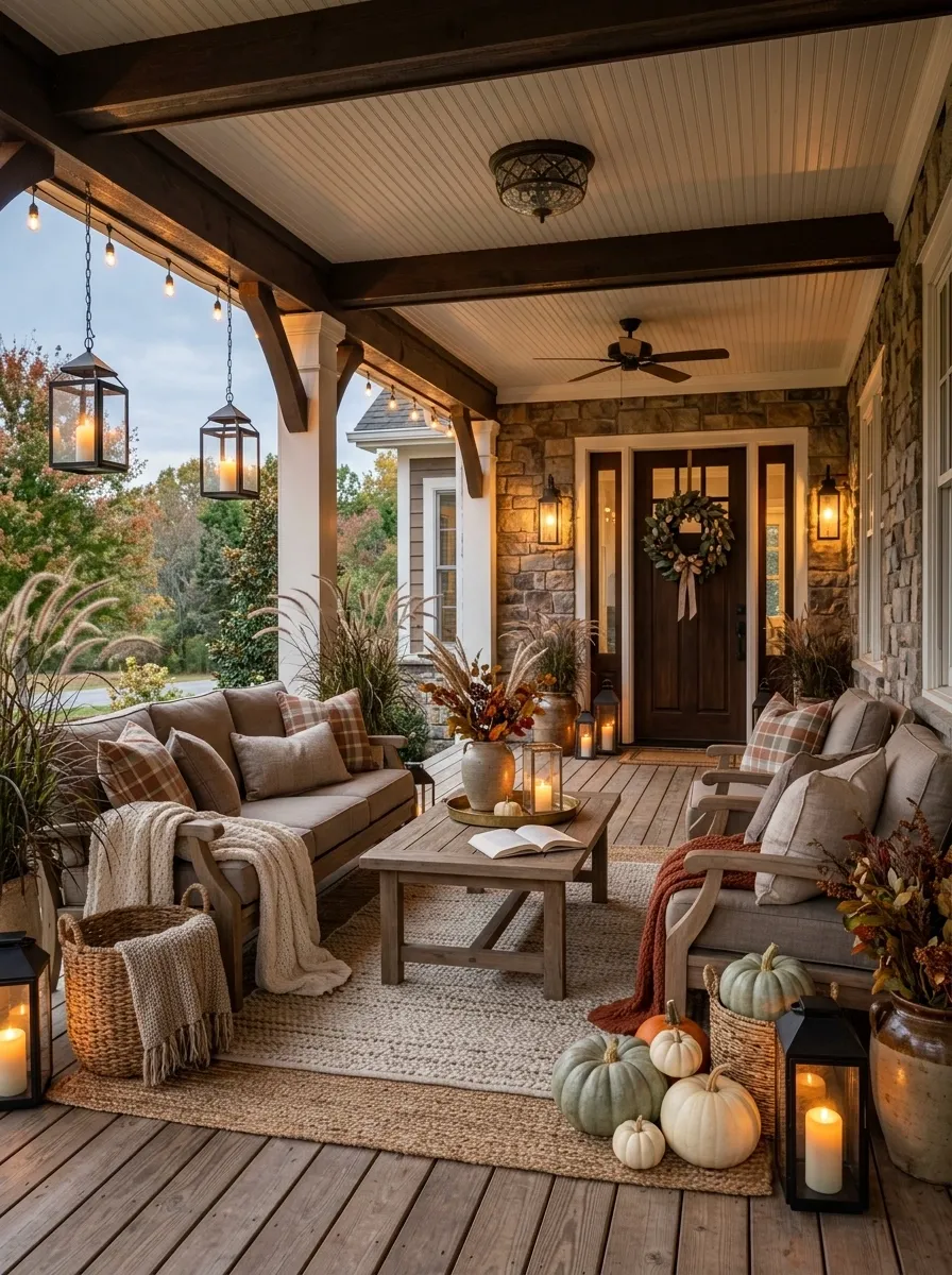 Covered Porch Lounge With Plaid Textiles and Lantern Light