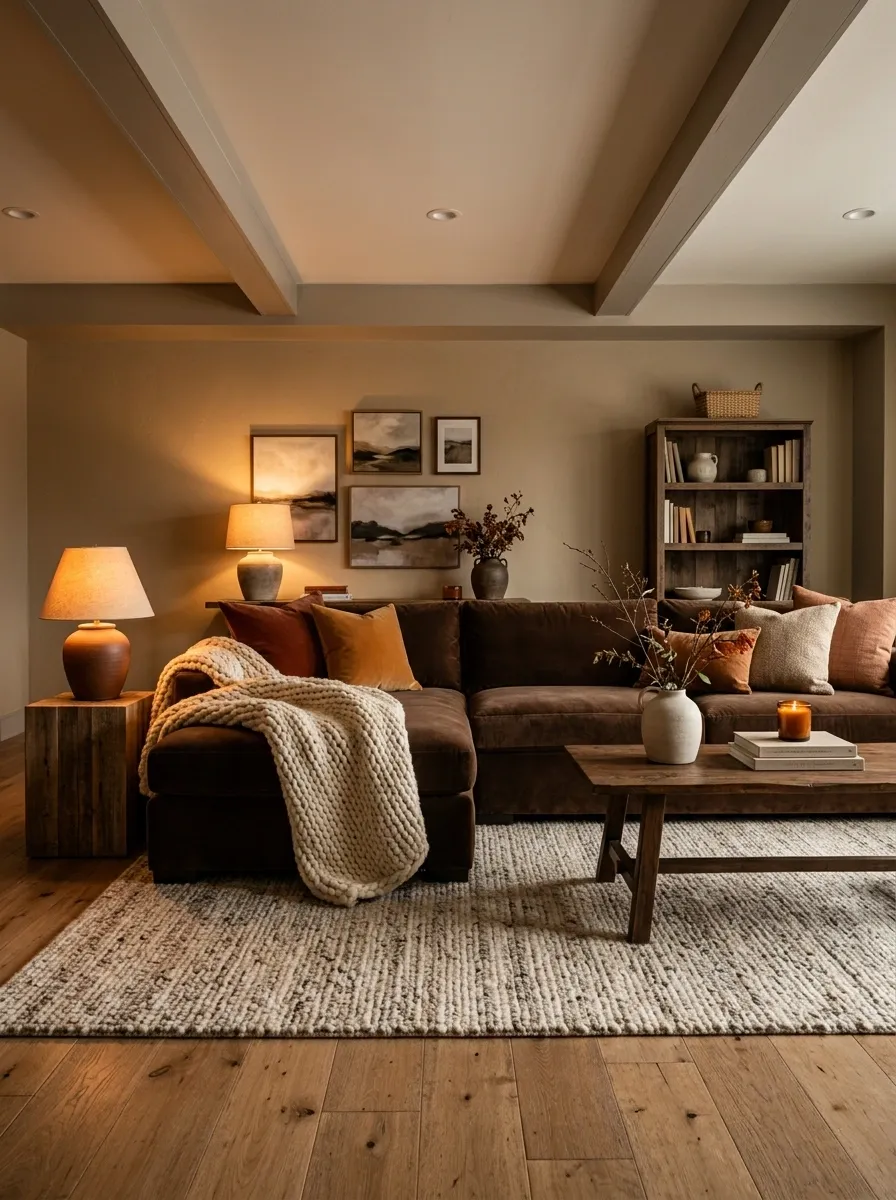 Cozy Basement Lounge With Amber, Brown, and Oversized Textures