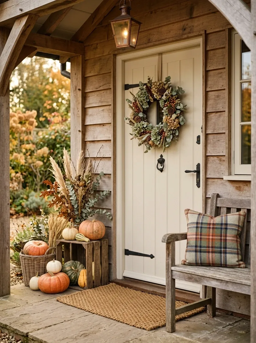 Cozy Cottage Entry With Plaid, Wood, and Soft Orange