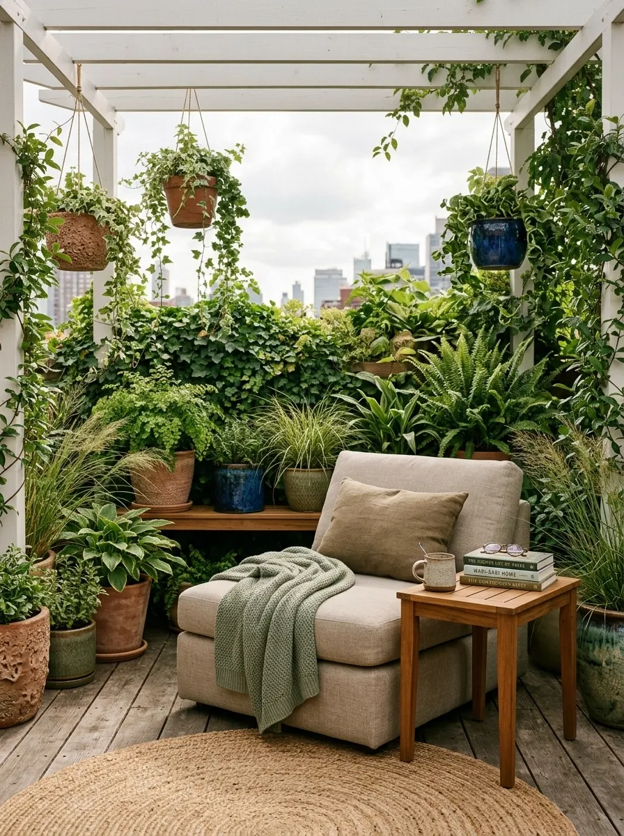 Cozy Rooftop Reading Corner With a Garden Backdrop
