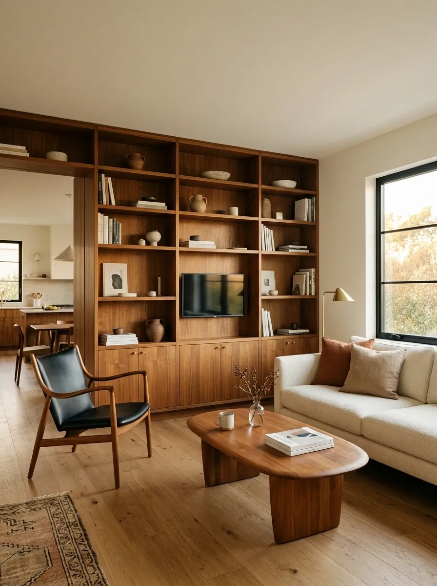 Cream and Teak Studio Living Area With a Built-In Media Wall