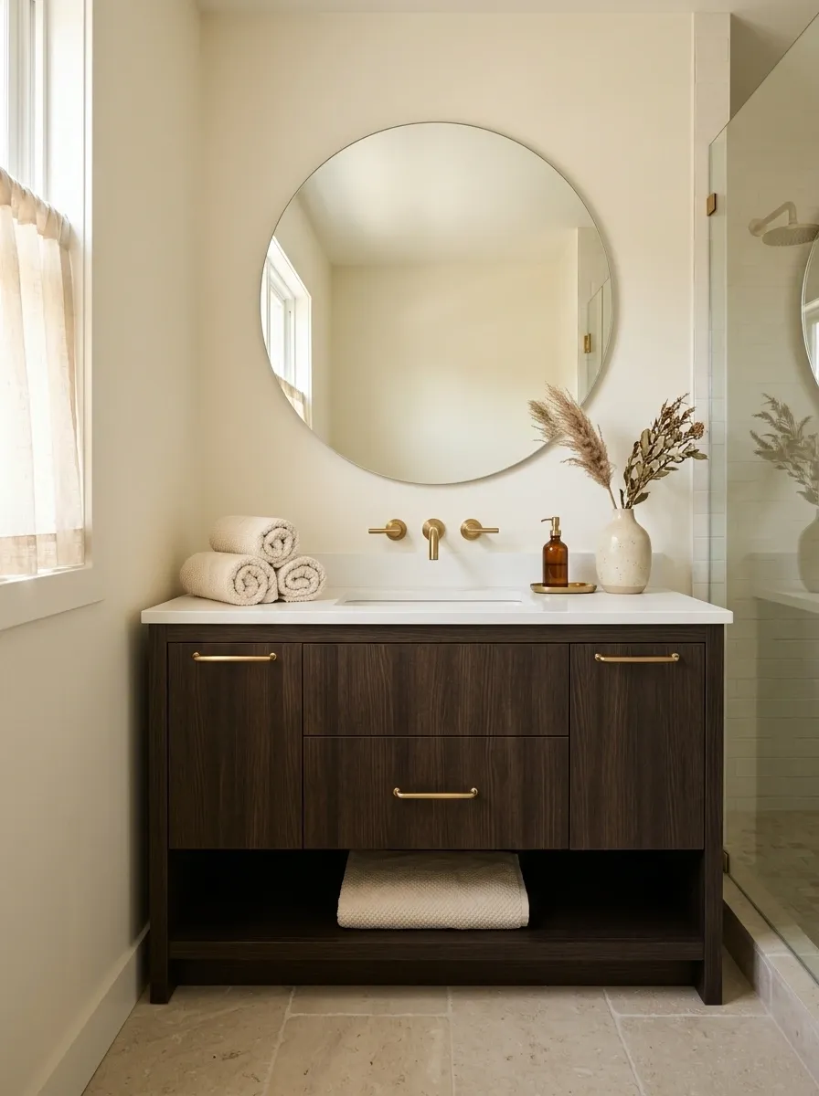 Cream Bathroom With Dark Chocolate Vanity and Brass