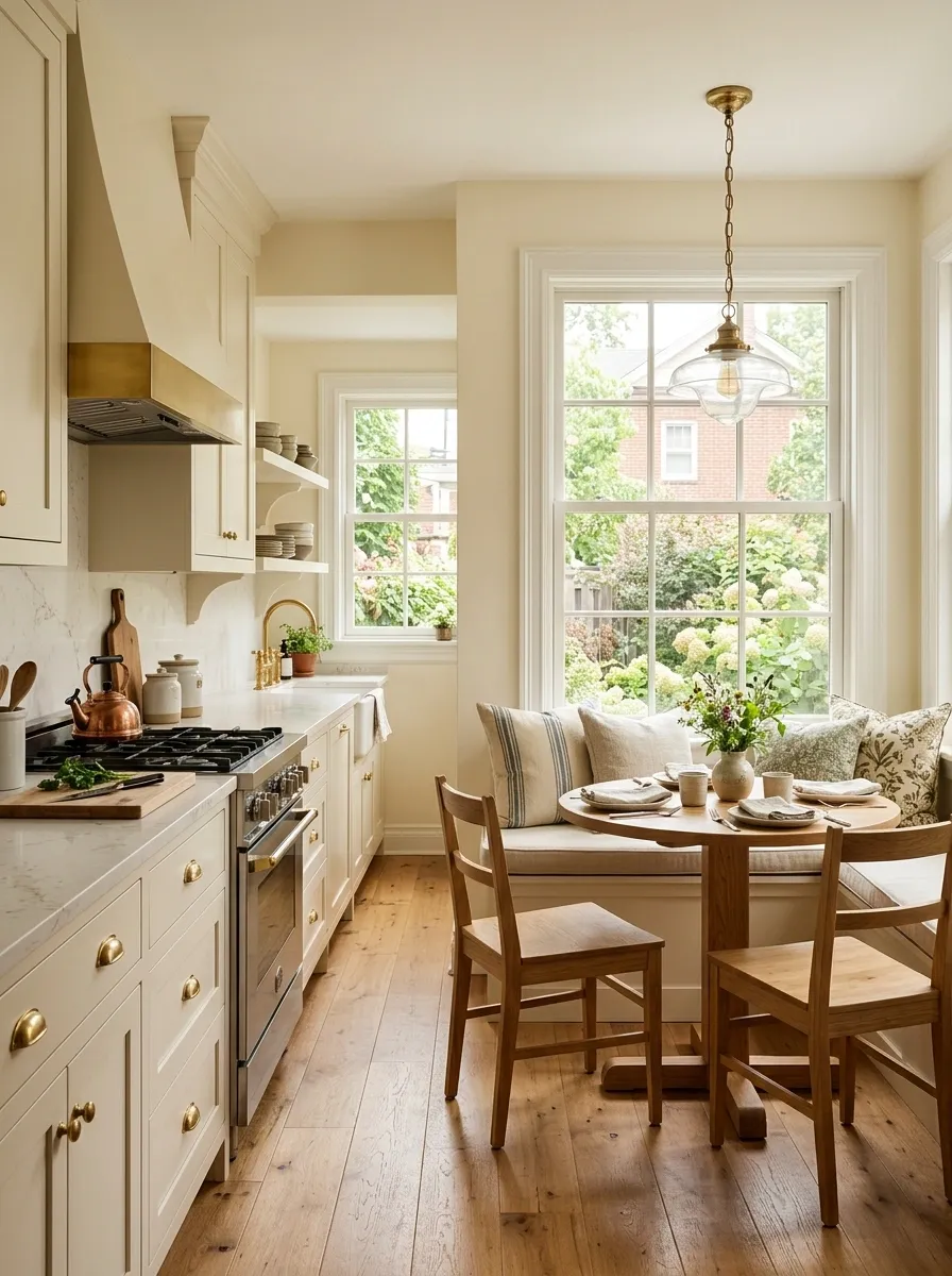 Cream Kitchen With a Breakfast Nook Built Into the Window