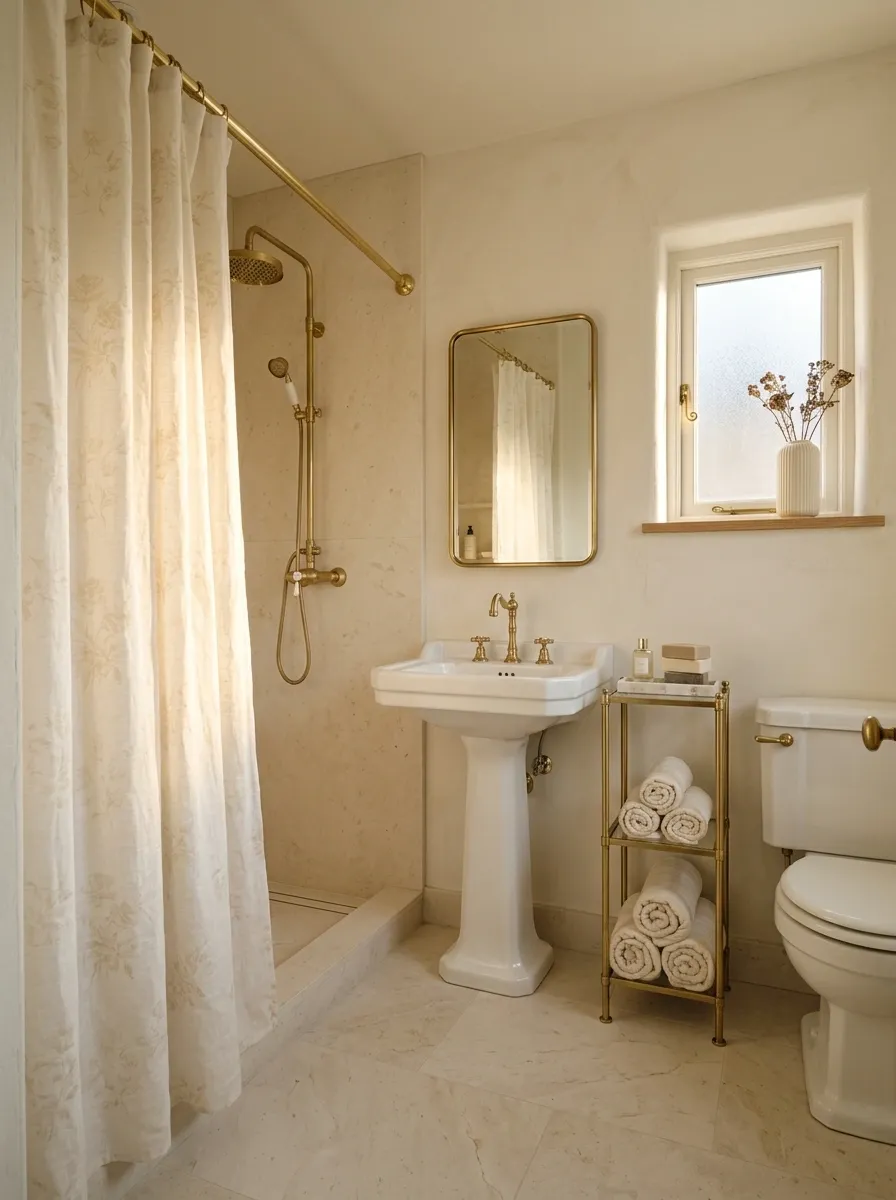 Cream-on-Cream Bathroom With Subtle Floral Curtain