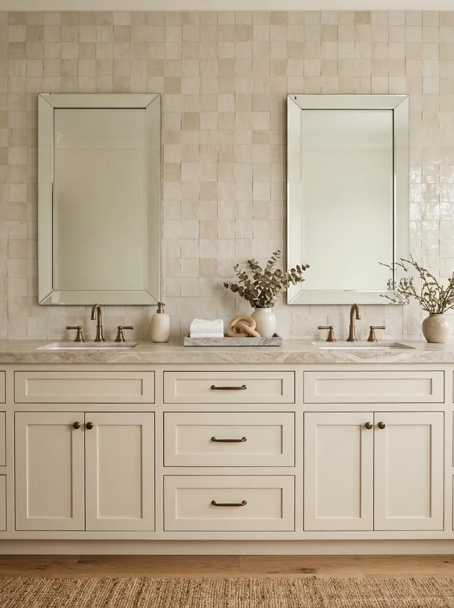 Cream Vanity With Handmade Tile and Bronze