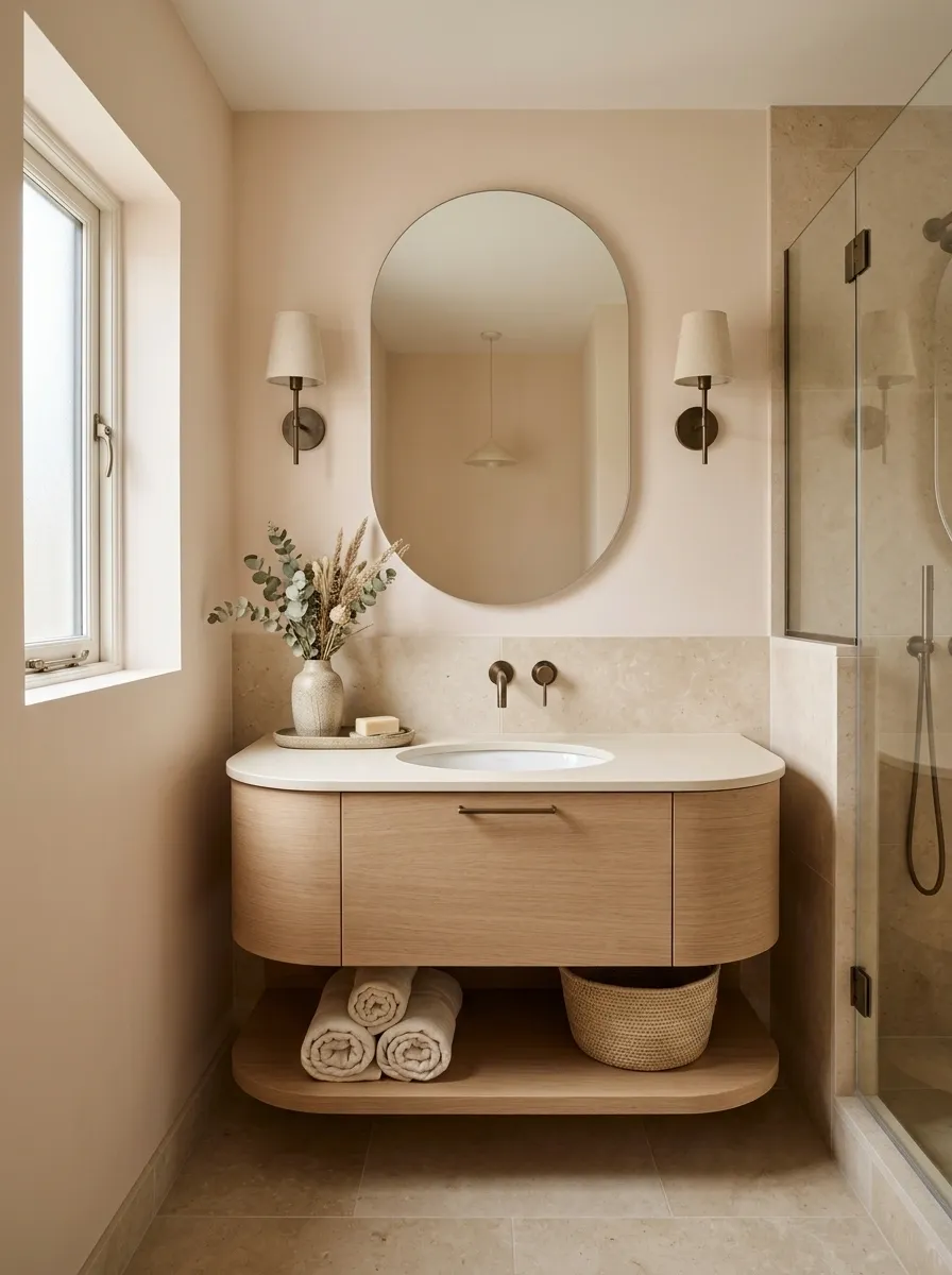 Creamy Blush Bathroom With Limestone and Aged Bronze