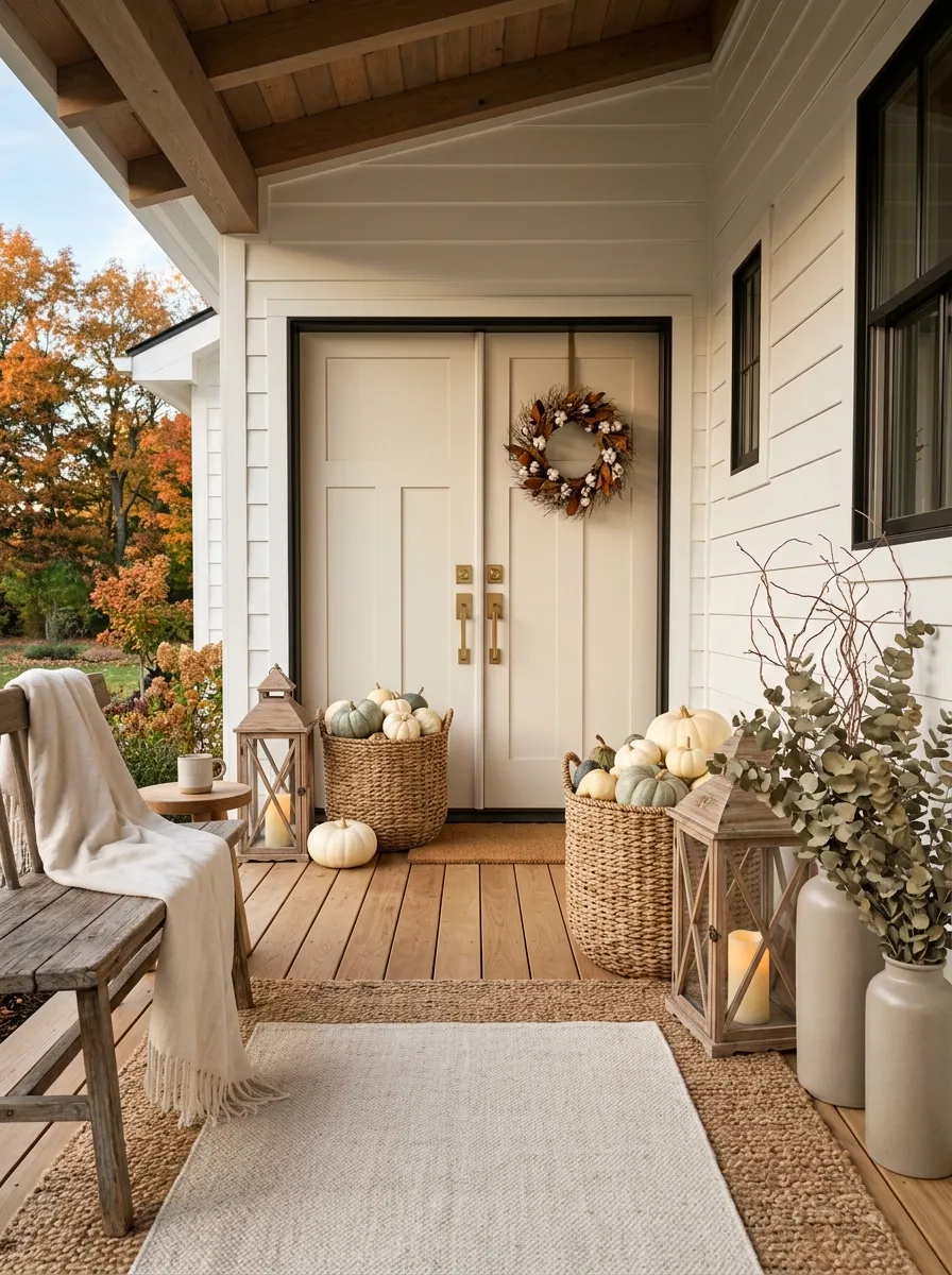 Create a Neutral Fall Porch With Cream, Wood, and Greenery