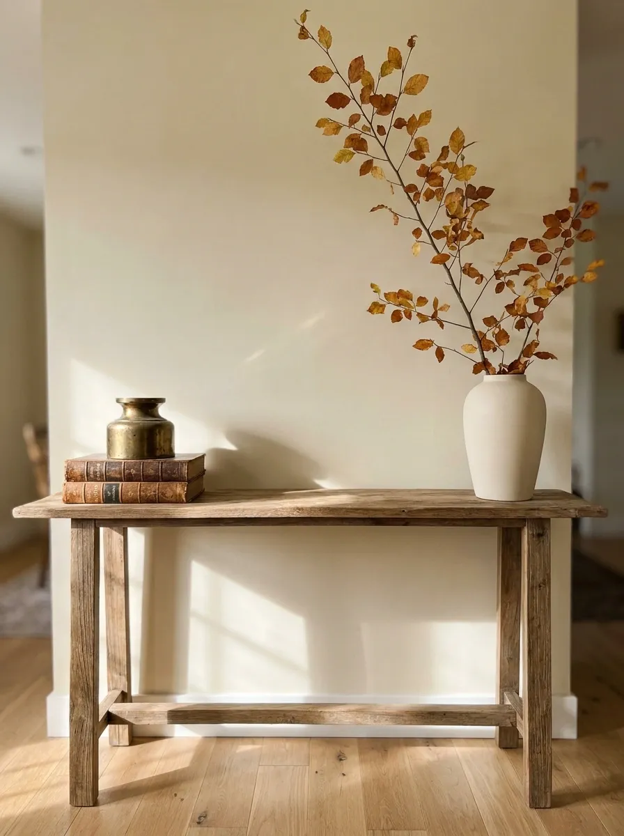 Create a Vintage Entry Table With Books, Brass, and One Fall Branch