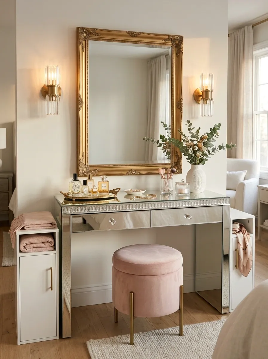 Crystal-Trimmed Vanity Corner With Blush and Gold Styling